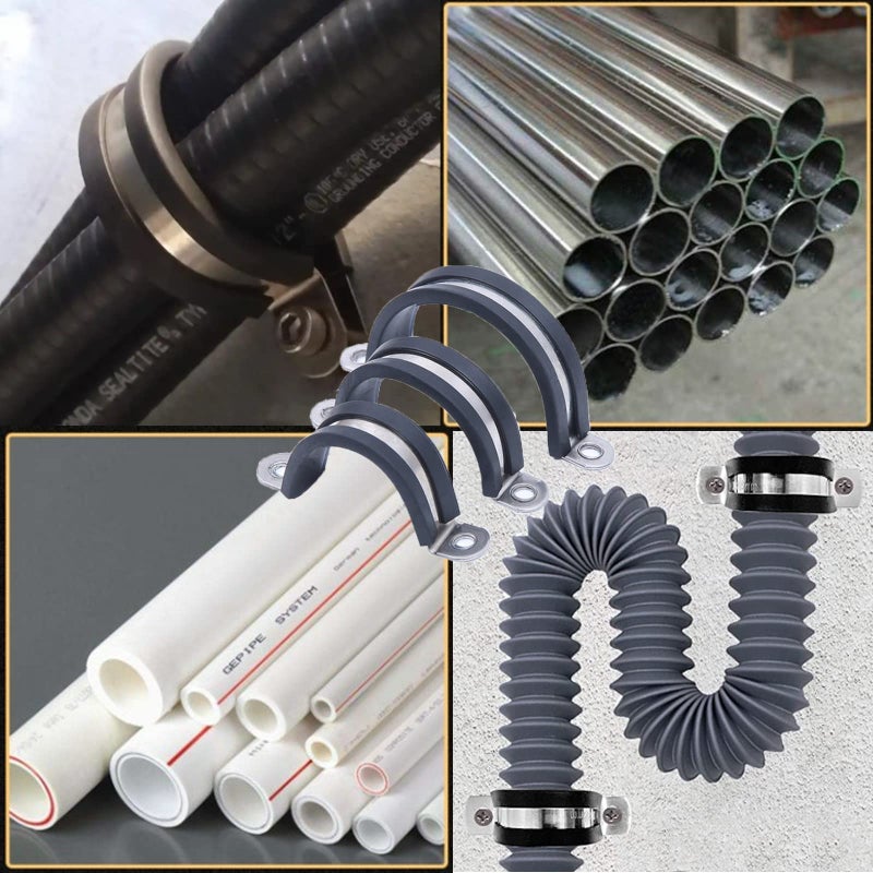 AKIHISA 12 Pcs 100mm Rubber Pipe Strap 304 stainless steel Rubber Cushioned Cable Clamp, 2 hole u-tube strap clamp for Tube, Pipe or Wire Cord Installation - Image 5